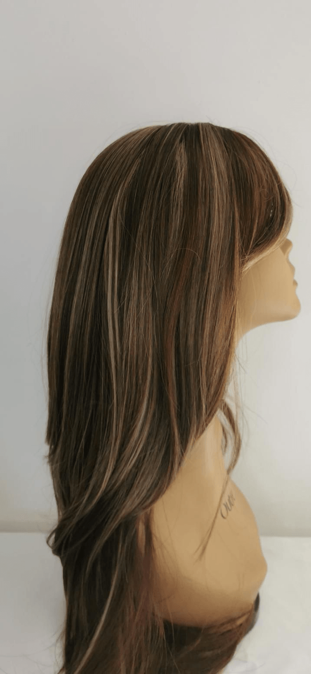 Perruque longue brune mèches blond