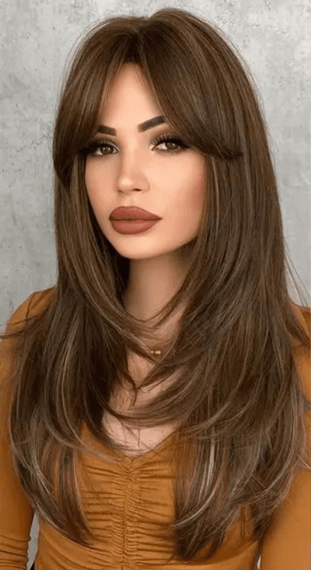 Perruque longue brune mèches blond